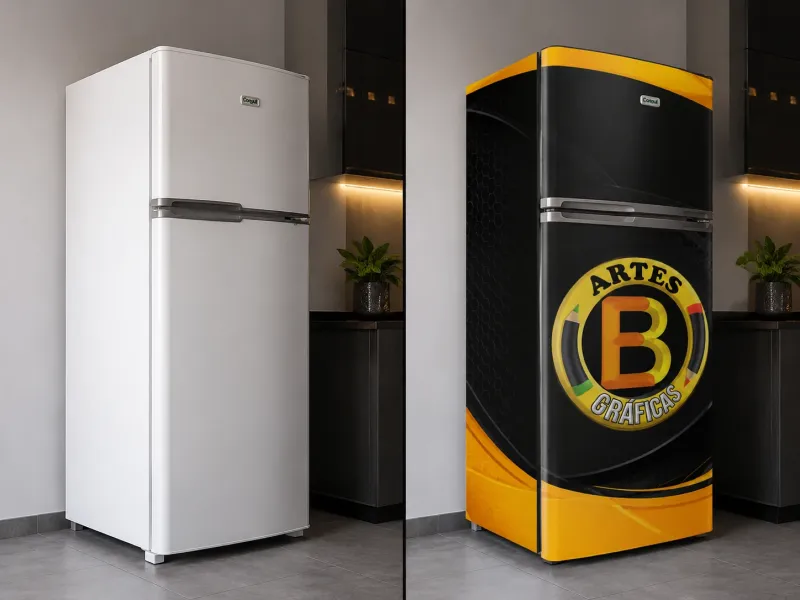 Geladeira com envelopamento personalizado — antes e depois