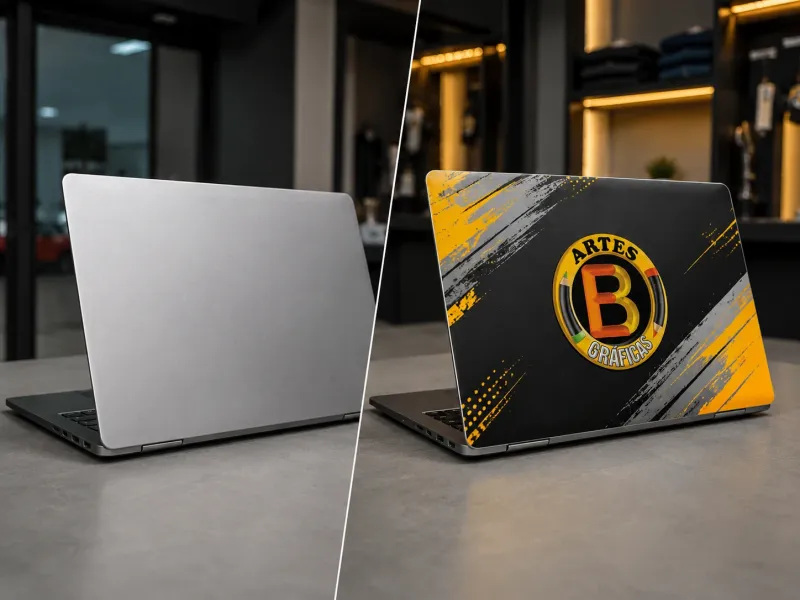 Notebook com envelopamento personalizado — antes e depois